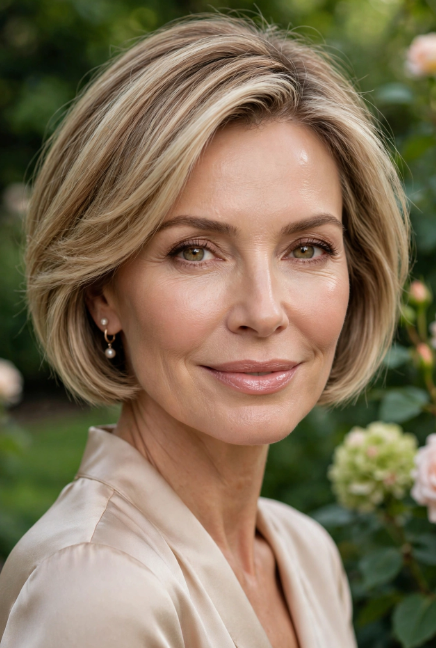 Blonde mature woman wearing seamless makeup that doesn't settle into fine lines, styled with a soft bob haircut outdoors.