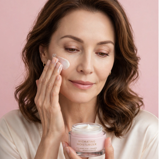 Woman prepping her mature skin with hydrating cream to create a smooth base for makeup that doesn't settle into fine lines.