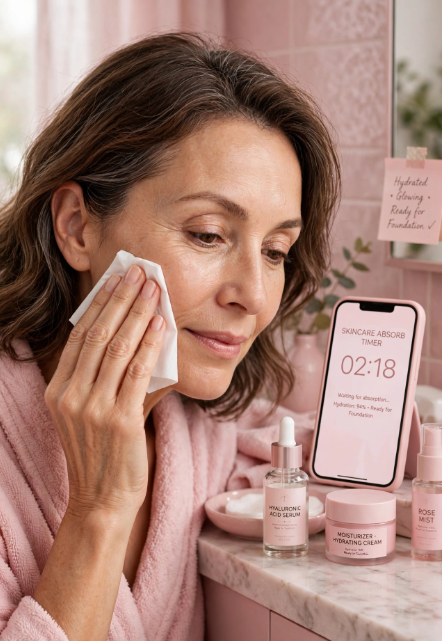 Woman prepping skin with skincare routine and timer to create a smooth base for makeup that doesn't settle into fine lines.   