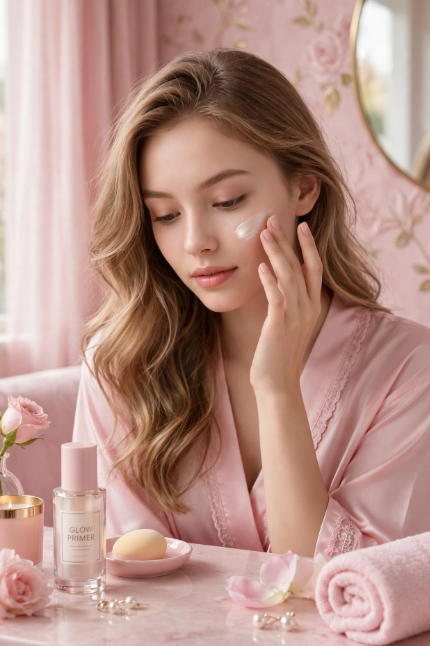 Young woman applying glowing primer to prep skin for makeup that doesn't settle into fine lines.   