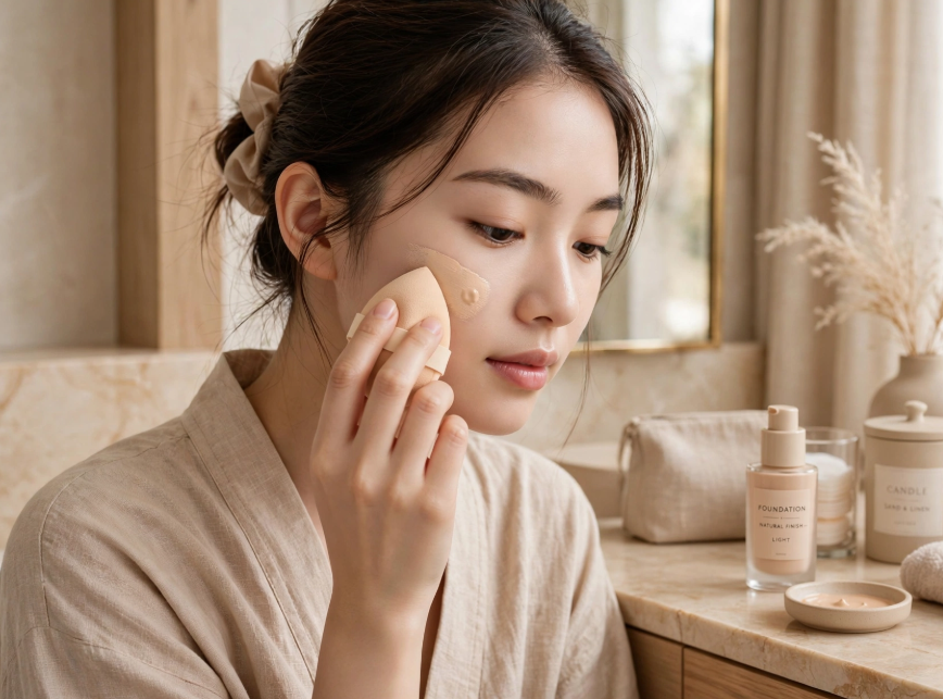 Woman using a teardrop beauty sponge to apply foundation for makeup that doesn't settle into fine lines.