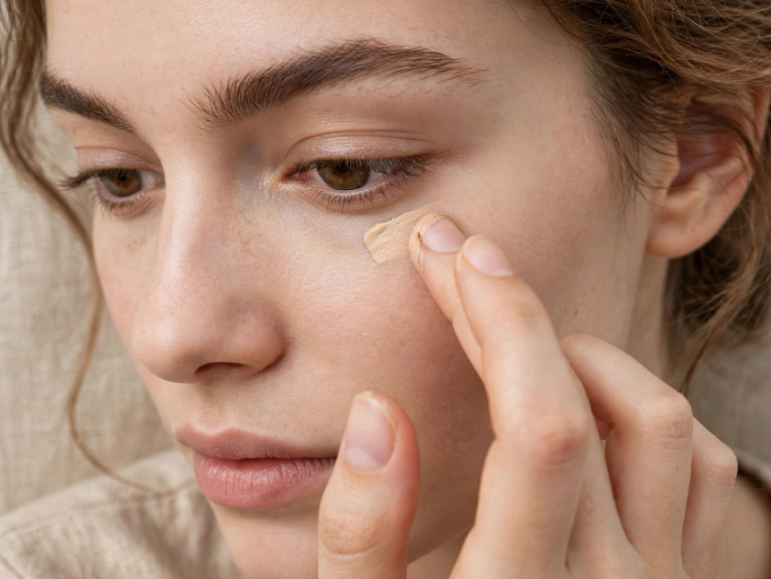 Woman dabbing hydrating concealer under the eye for seamless makeup that doesn't settle into fine lines.   