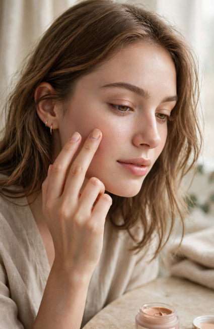Woman gently blending cream blush onto her cheek for glowing makeup that doesn't settle into fine lines.   