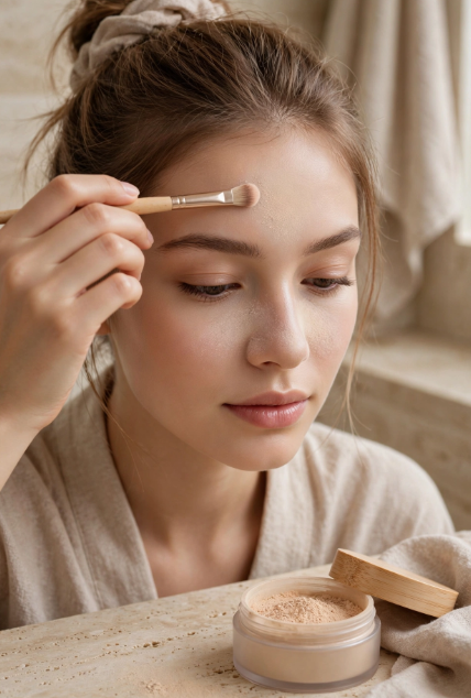 Woman using a small brush to apply setting powder for makeup that doesn't settle into fine lines.   