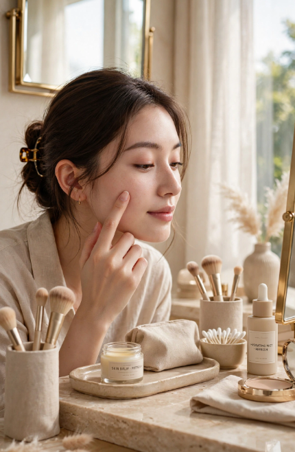 Woman checking her smooth complexion at a vanity table after applying makeup that doesn't settle into fine lines.   