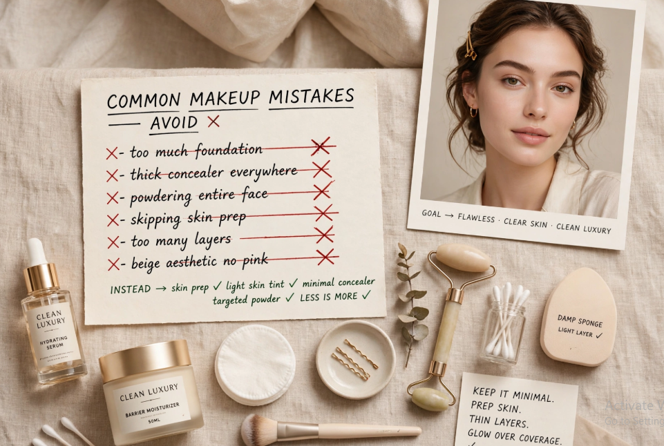 Checklist of common mistakes to avoid for flawless makeup that doesn't settle into fine lines.   