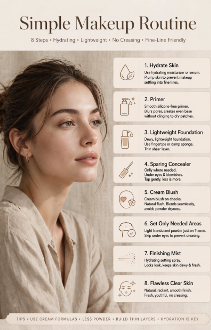 An 8-step simple makeup routine guide showcasing how to achieve makeup that doesn't settle into fine lines.   