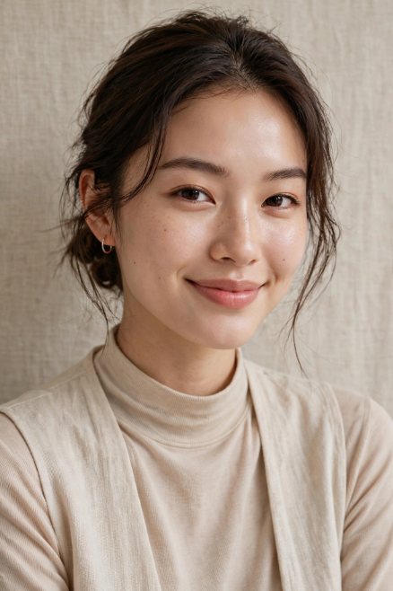 Smiling Asian woman showing natural, glowing skin with makeup that doesn't settle into fine lines.   