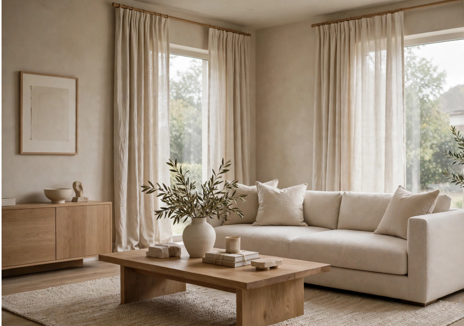 Quiet luxury home decor living room featuring a neutral beige sofa, oak wood coffee table, and airy linen curtains.