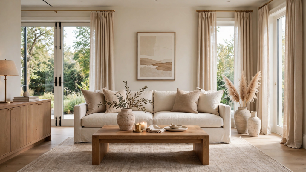 Quiet luxury home decor living room featuring a cream slipcover sofa, rustic wooden coffee table, and tall linen curtains framing garden doors.
