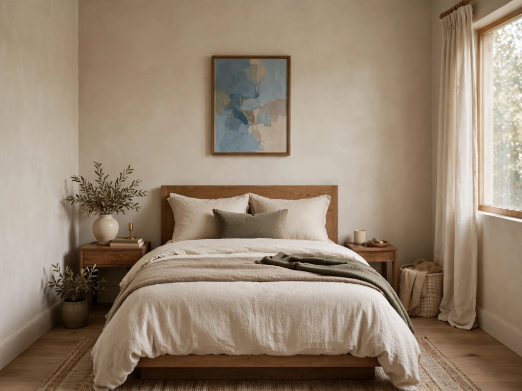 Quiet luxury home decor bedroom featuring a low wooden bed with neutral linen bedding, olive green accents, and a framed abstract wall print.   