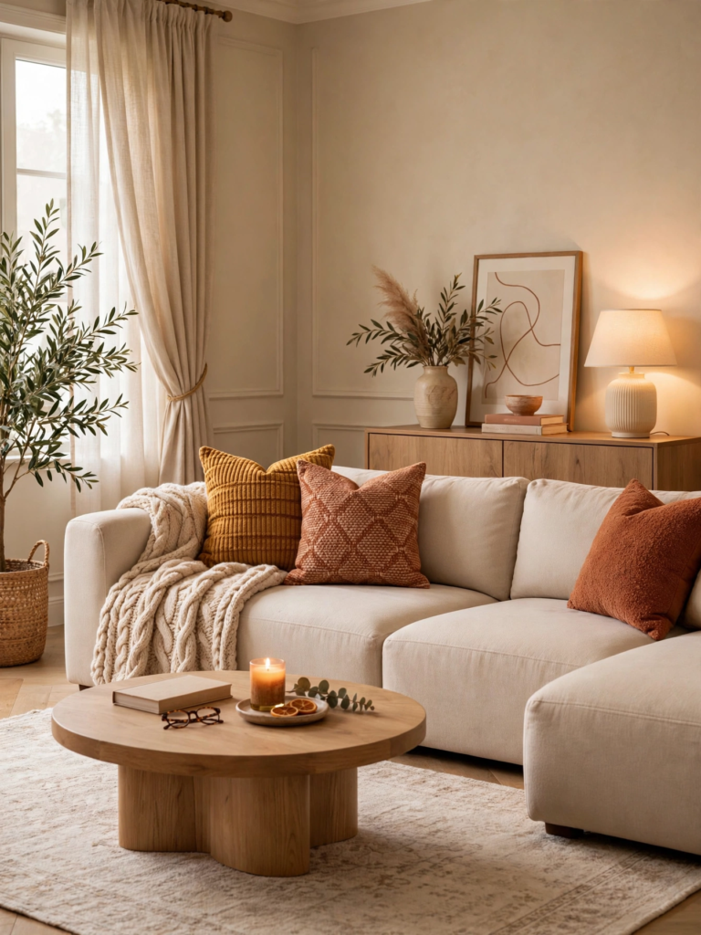 Quiet luxury home decor living room featuring a cream modular sectional, round oak coffee table, and warm terracotta accent pillows.   