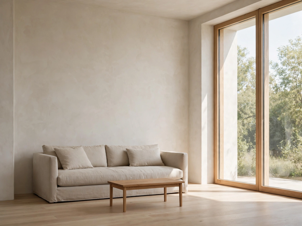 Quiet luxury home decor minimalist living room with a beige linen sofa, simple wood coffee table, and large sunlit window.   