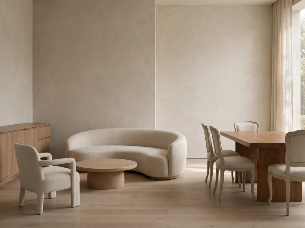 Quiet luxury home decor open-concept space featuring a curved cream sofa, round oak coffee table, and minimalist wooden dining set.   