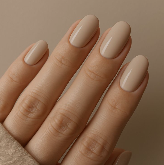 35 Short Nail Designs That Make Your Fingers Look Longer A close-up of short, oval-shaped nails finished in a glossy classic beige nude tone, serving as one of the short nail designs that make your fingers look longer.