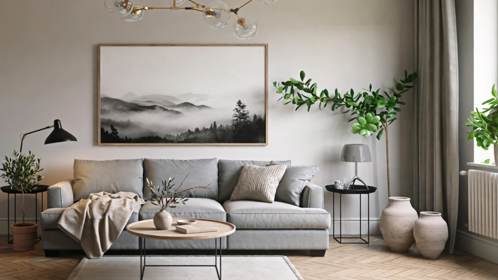 Quiet luxury home decor living room featuring a light grey sofa, round wood coffee table, and large framed misty mountain art.   