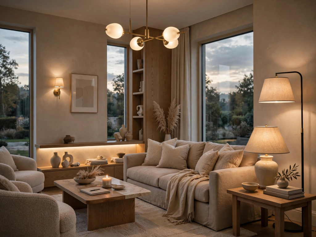 Quiet luxury home decor living room illuminated by warm globe chandelier lighting, featuring a beige slipcover sofa and low marble-top coffee table.   