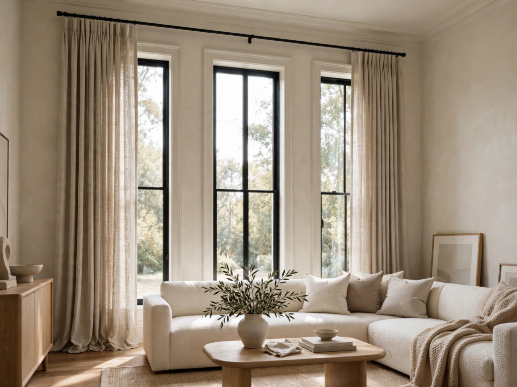 Quiet luxury home decor living room featuring a cream sectional sofa, tall black-framed windows, and beige linen floor-length drapes.   