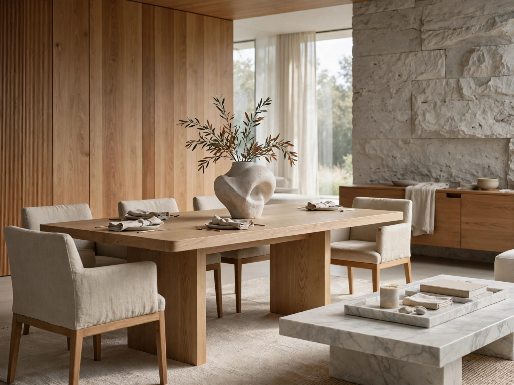 Quiet luxury home decor dining room featuring a solid light oak table, linen upholstered chairs, and a sculptural stone centerpiece vase.   