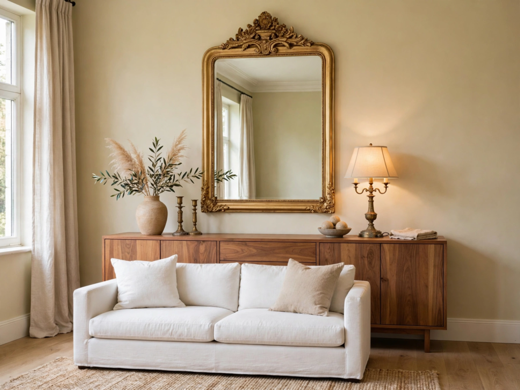 Quiet luxury home decor living room featuring a white slipcover sofa, rich walnut sideboard, and ornate vintage gold mirror.   