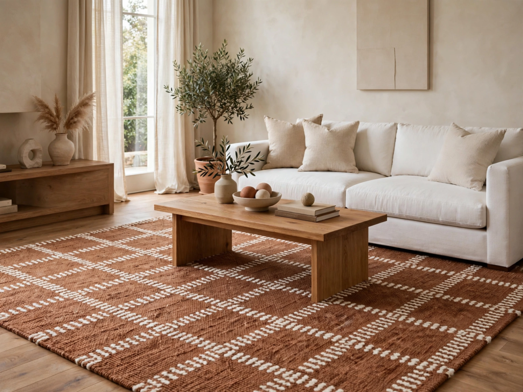 Quiet luxury home decor living room featuring a white sofa, low wood coffee table, and a rich terracotta plaid area rug.   