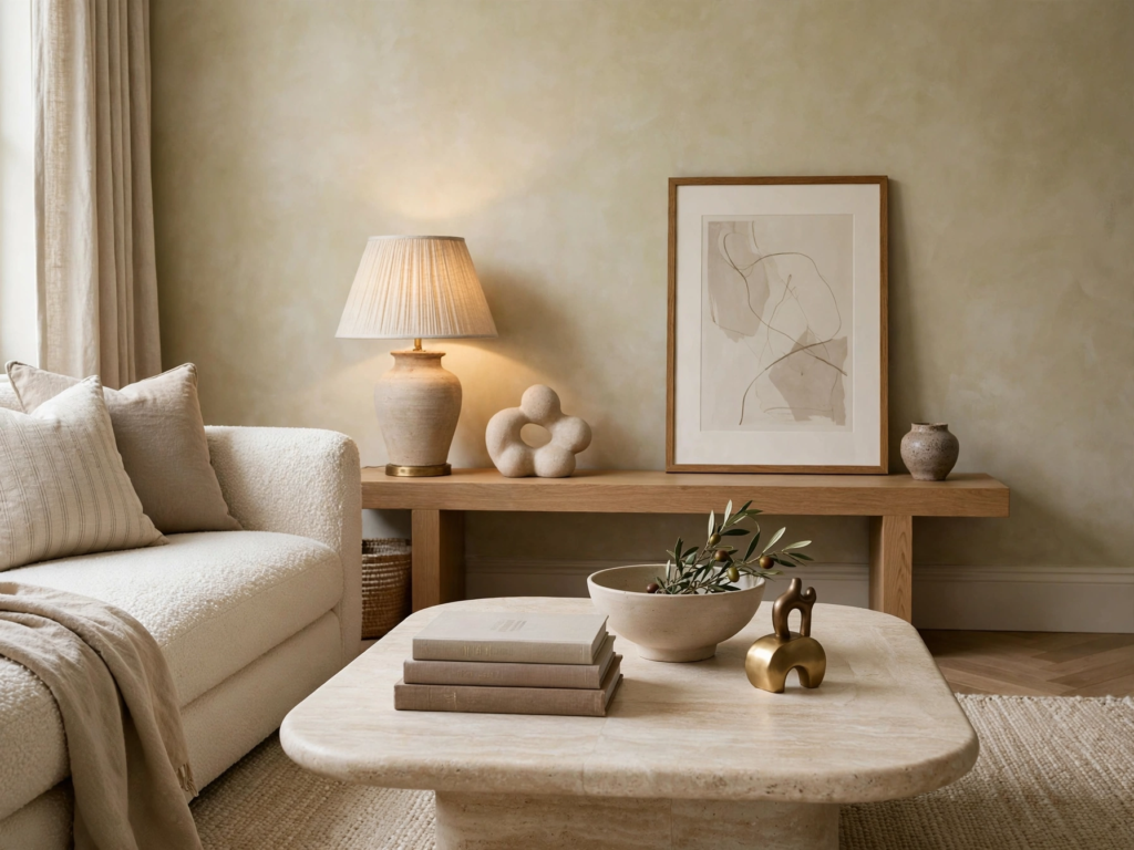 Quiet luxury home decor living room featuring a travertine coffee table, white boucle sofa, and wooden console bench with ceramic accents.   