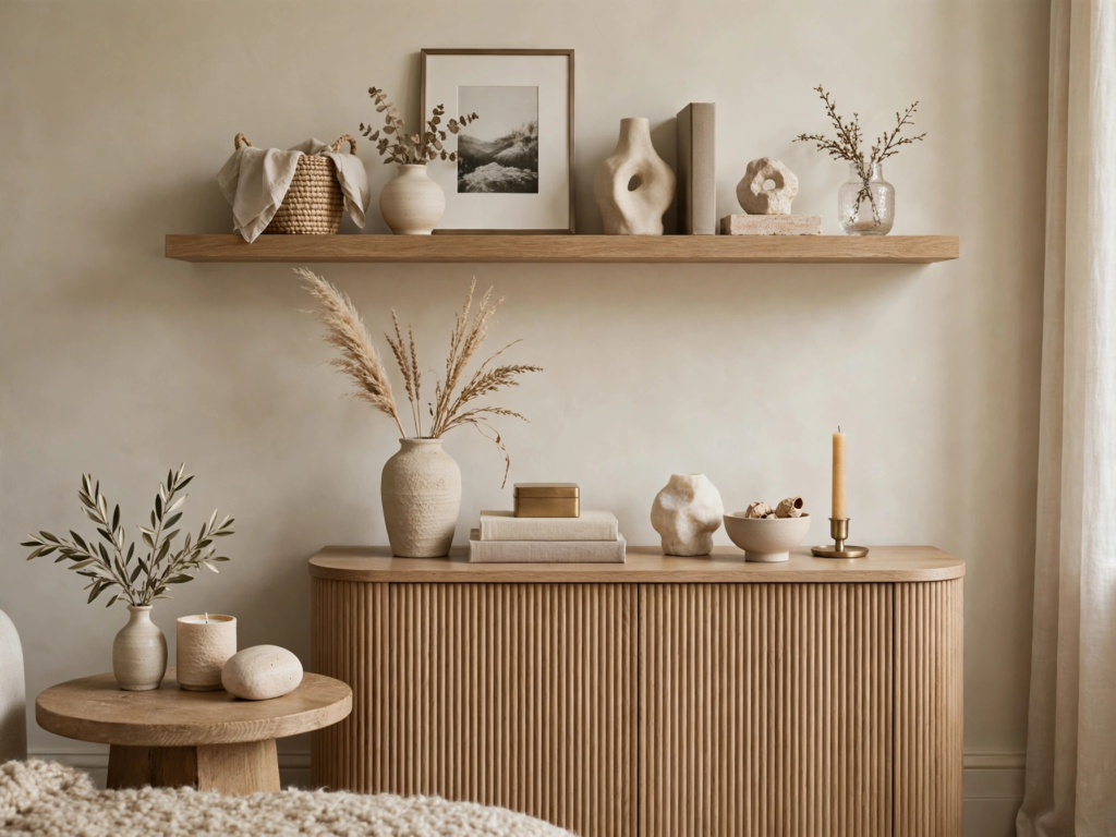 Quiet luxury home decor styled with a fluted tambour wood sideboard, floating display shelf, and neutral ceramic vases.