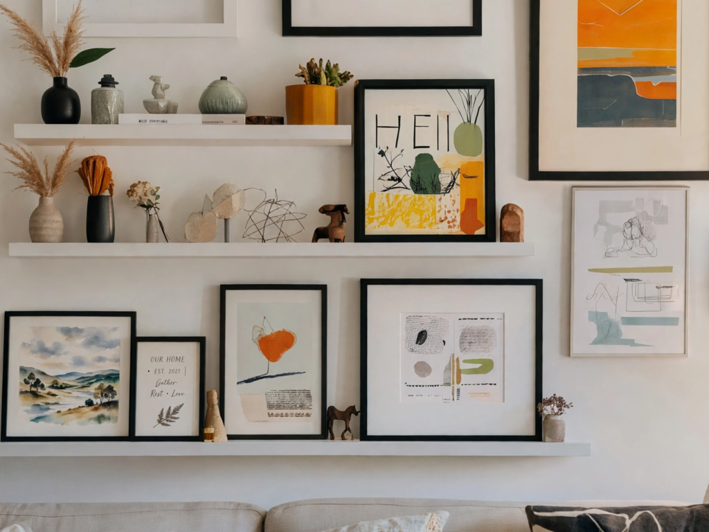 Quiet luxury home decor gallery wall featuring multi-tiered white picture ledges styled with framed art prints, small vases, and curated trinkets.   