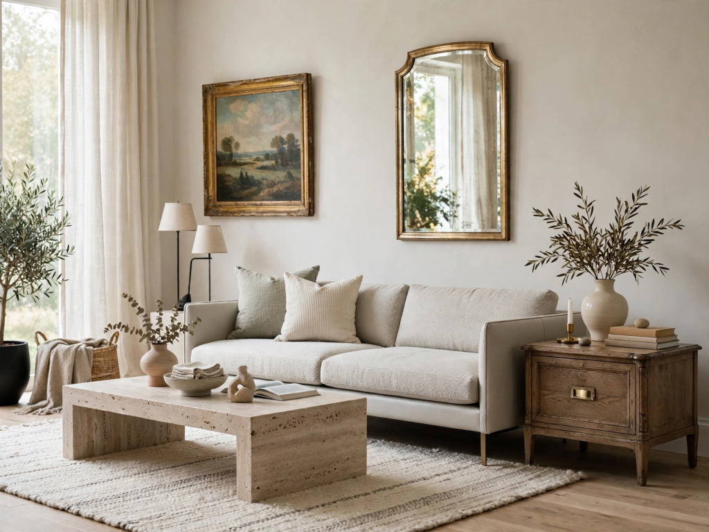 Quiet luxury home decor living room featuring a cream tailored sofa, low travertine stone coffee table, and an arched vintage gold wall mirror.   