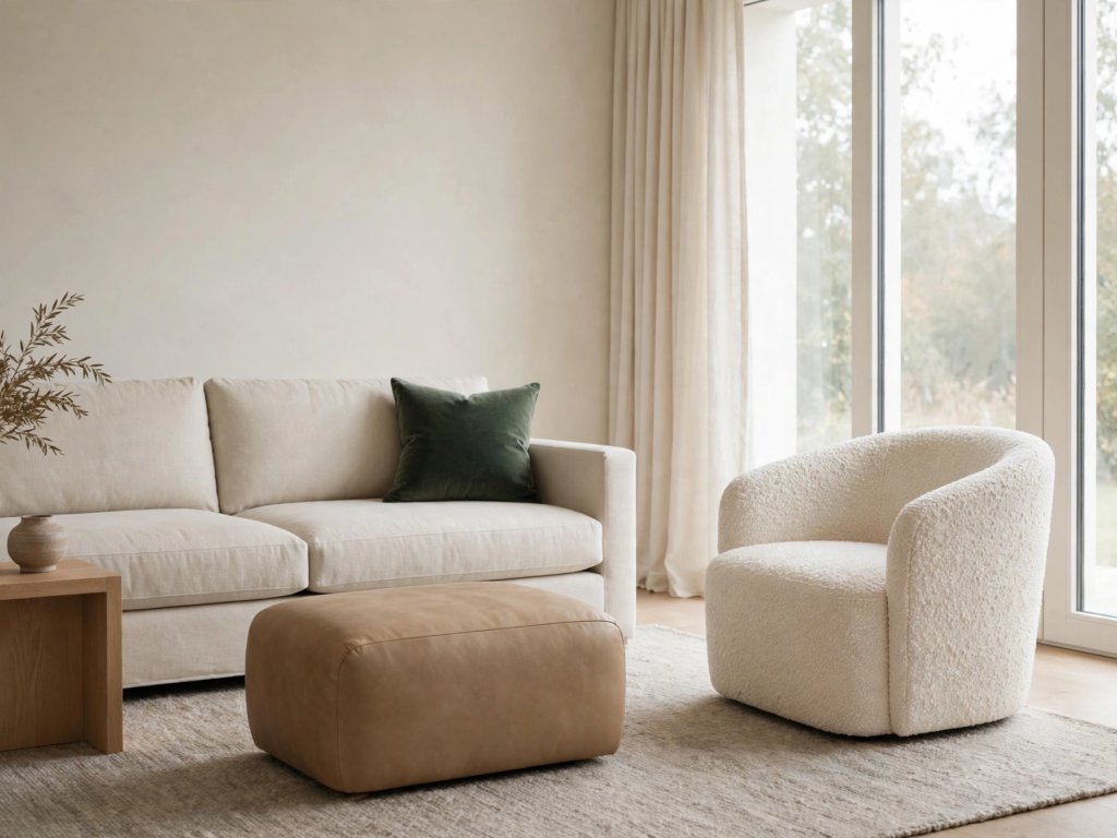 Quiet luxury home decor living room featuring a cream sofa with a forest green cushion, curved bouclé barrel chair, and tan leather ottoman.   