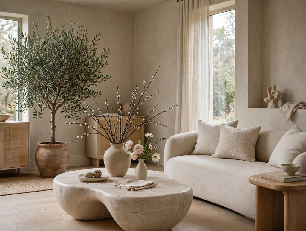 Quiet luxury home decor living room featuring an organic sculpted stone coffee table, cream curved sofa, and large potted indoor olive tree.   