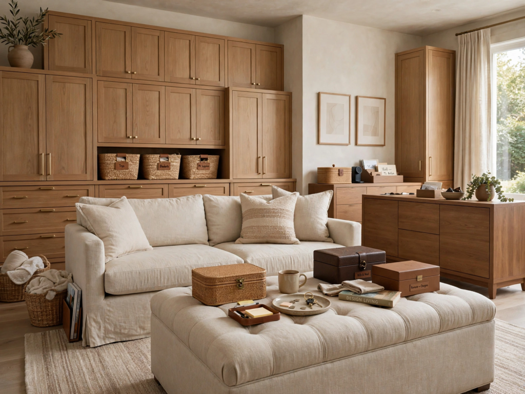 Quiet luxury home decor living room featuring custom natural oak built-in cabinetry, a cream slipcover sofa, and a large tufted ottoman coffee table.   