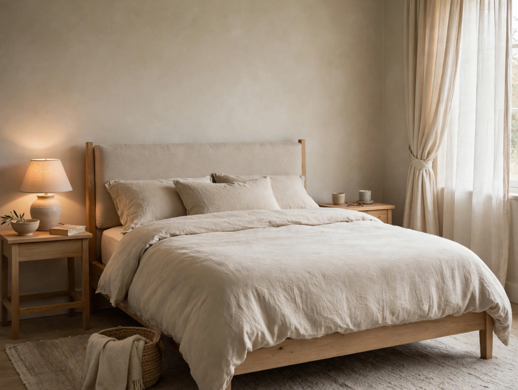 Quiet luxury home decor bedroom featuring an upholstered linen headboard on an oak bed frame, washed beige duvet, and warm bedside lamp lighting.   