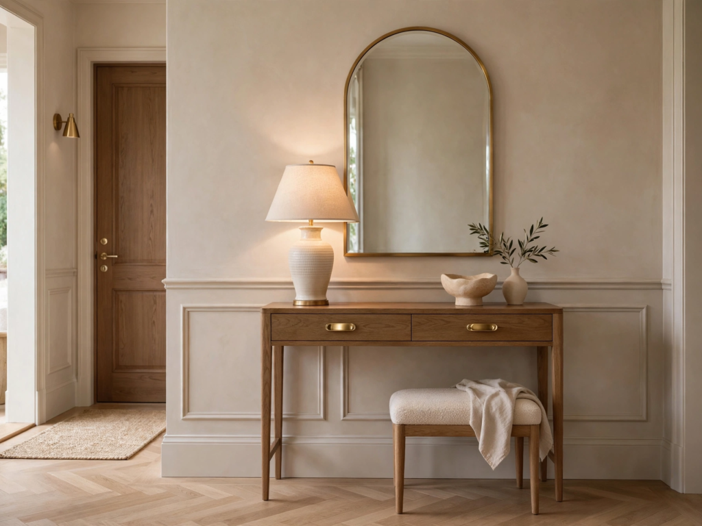 Quiet luxury home decor entryway featuring a slim wooden console desk, arched brass mirror, and warm textured ceramic table lamp.   