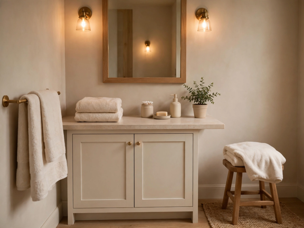 Quiet luxury home decor bathroom featuring a beige vanity with stone countertop, oak wood-framed mirror, and glowing brass wall sconces.   