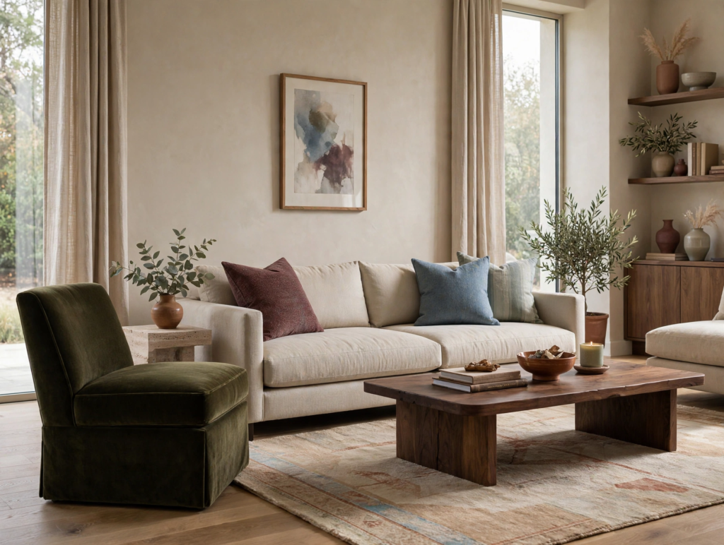 Quiet luxury home decor living room featuring a beige tailored sofa, dark olive velvet slipper chair, and rustic walnut coffee table.   