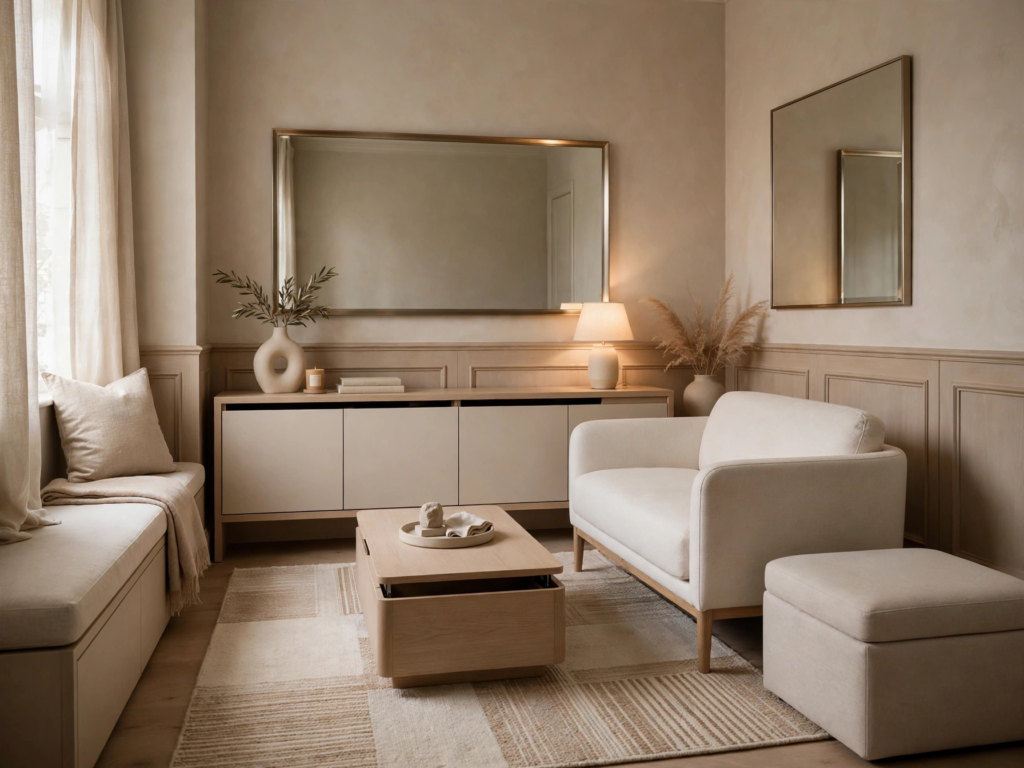 Quiet luxury home decor living room featuring a compact cream settee sofa, natural wood coffee table, matching storage ottoman, and a built-in window bench.   