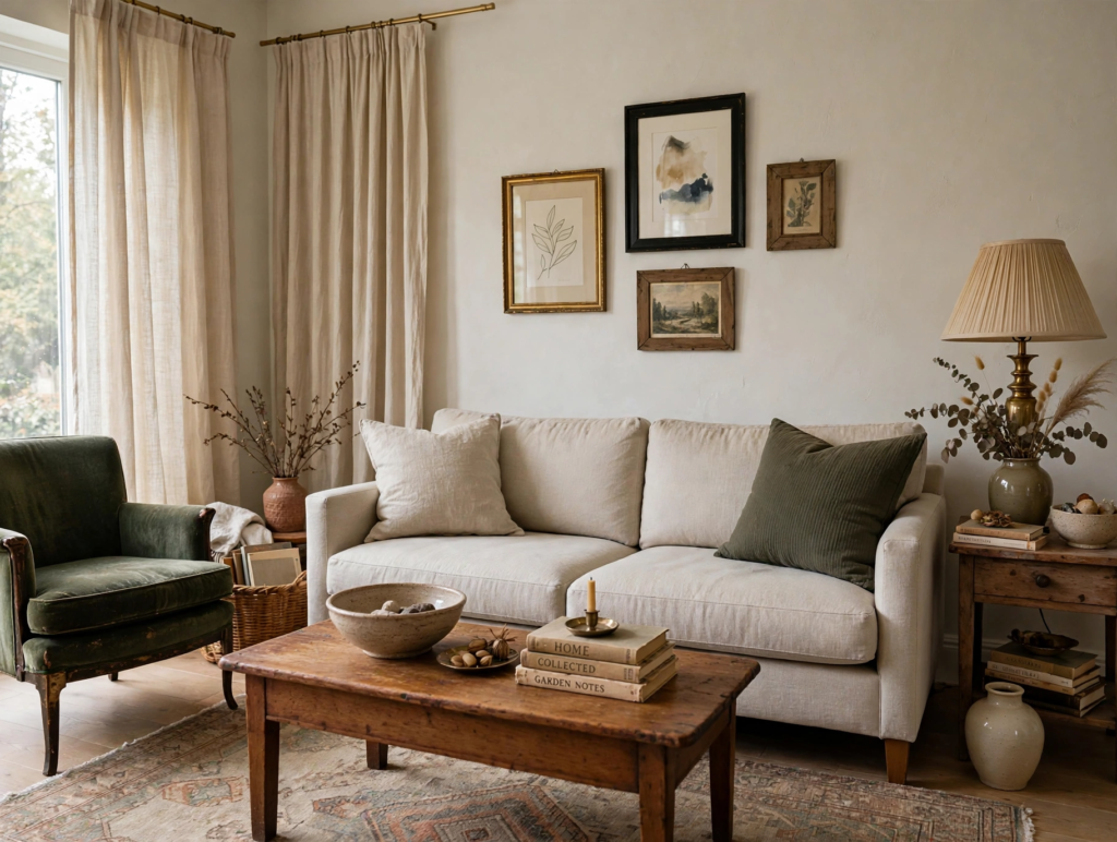 Quiet luxury home decor living room featuring a beige linen sofa, rustic antique wooden coffee table, and an olive green velvet armchair.   