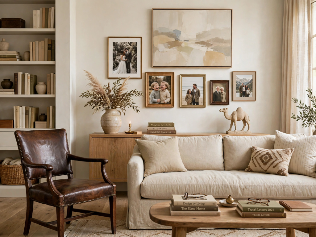 Quiet luxury home decor living room featuring a beige linen sofa, vintage brown leather armchair, and curated family photo gallery wall.   