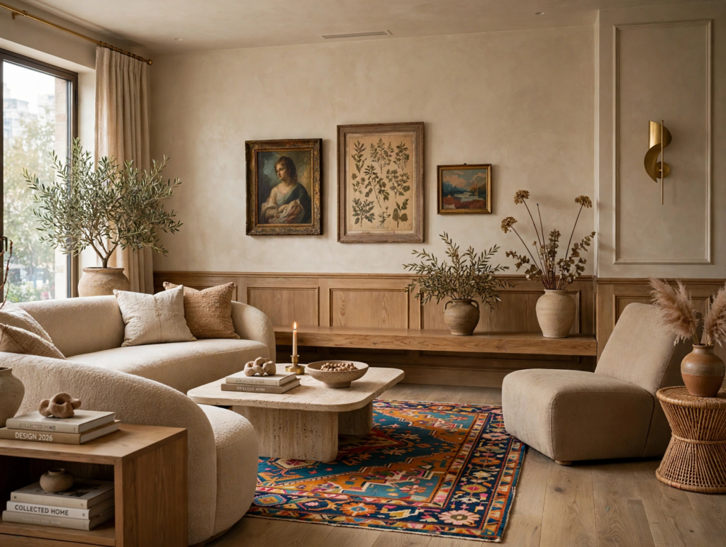 Quiet luxury home decor living room featuring a curved cream bouclé sofa, low travertine coffee table, and an ornate vintage Persian area rug.   
