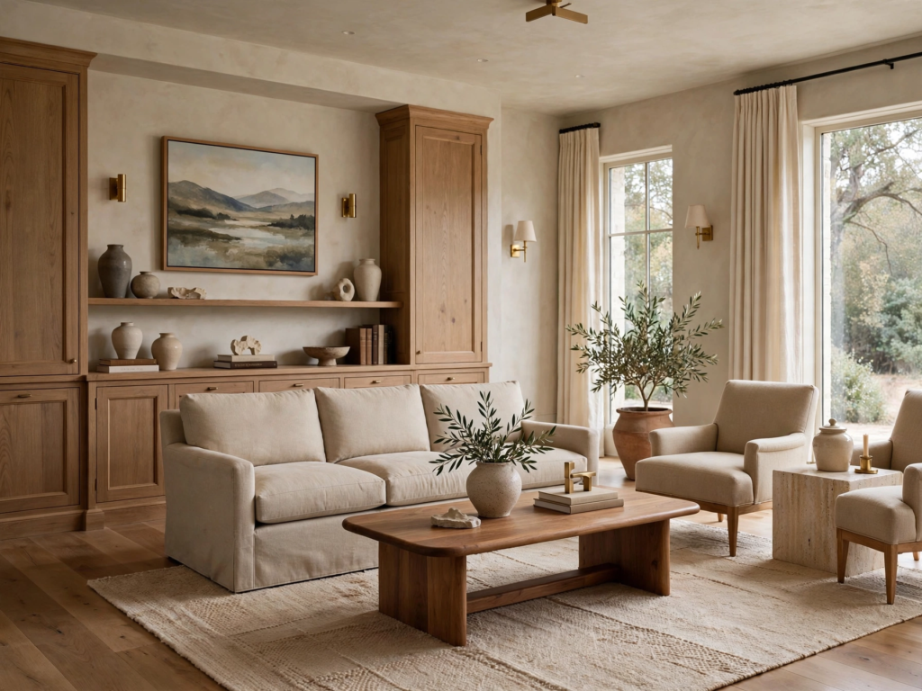 Quiet luxury home decor living room featuring custom natural oak built-in cabinetry, a cream slipcover sofa, and a solid wood coffee table.   