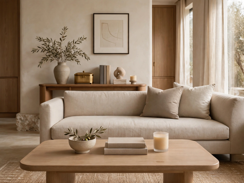 Quiet luxury home decor living room featuring a tailored beige sofa, curved light oak coffee table, and minimalist console table with ceramic accents.   