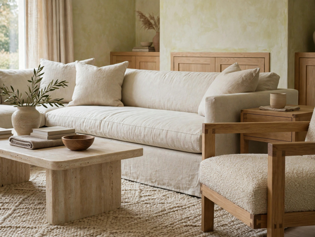 Quiet luxury home decor living room featuring an overstuffed cream linen slipcover sofa, travertine coffee table, and an oak-framed bouclé accent chair.