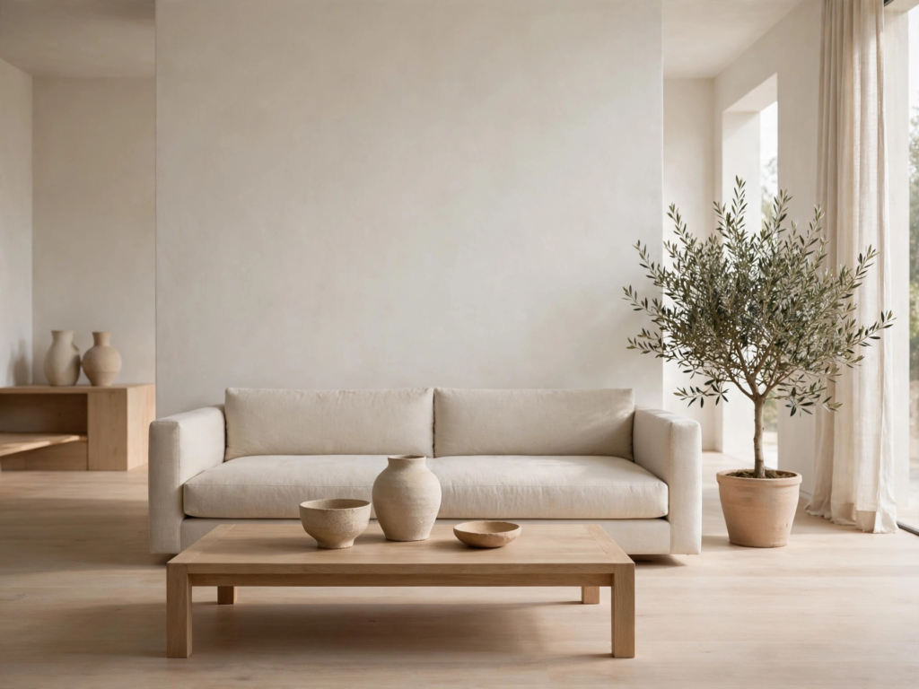 Quiet luxury home decor living room featuring a minimalist cream linen sofa, low natural oak coffee table, and a large indoor olive tree in a terracotta pot.   