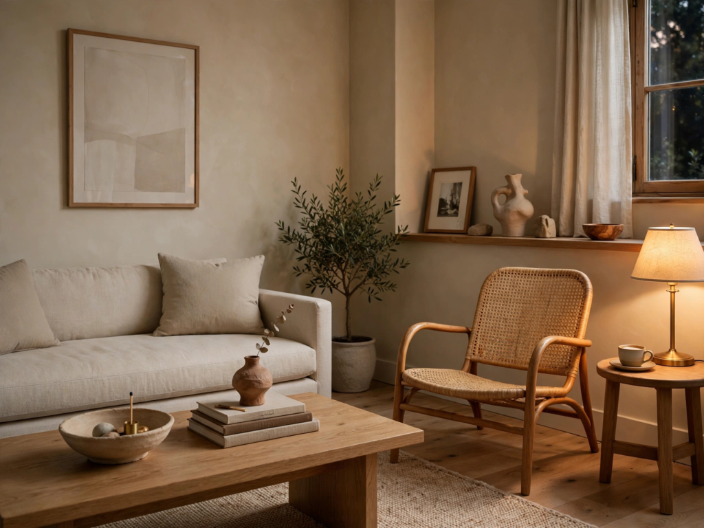 Quiet luxury home decor living room featuring a tailored beige sofa, woven cane accent armchair, and low natural oak coffee table.   