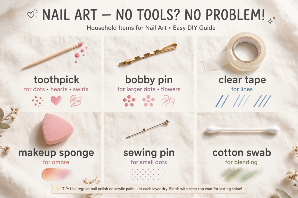 15 Nail Art Designs Using Household Items Guide showing nail art using household items including toothpicks, bobby pins, tape, makeup sponge, and cotton swabs for DIY designs.