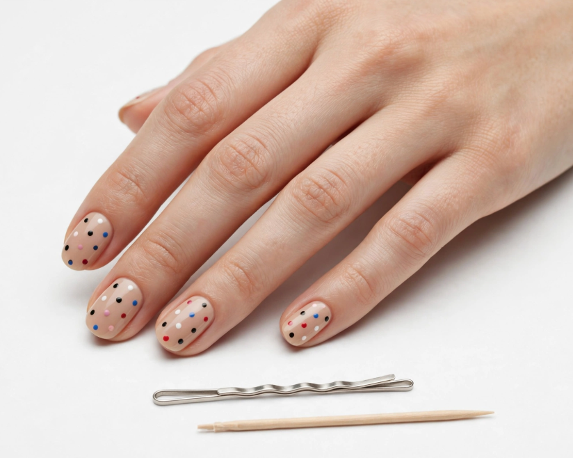 15 Nail Art Designs Using Household Items Simple dotted nail art using household items like a bobby pin and toothpick on glossy nude manicure nails.