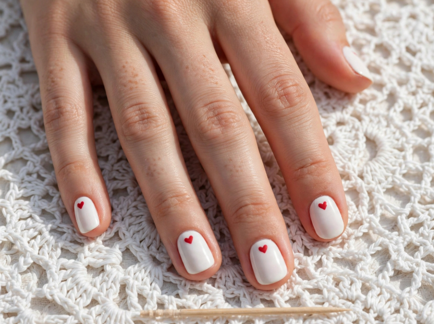 15 Nail Art Designs Using Household Items Minimalist heart nail art using household items created with a toothpick on short white manicure nails.