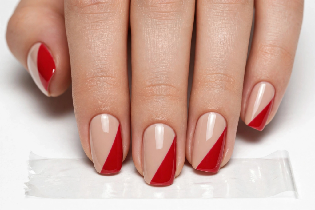 15 Nail Art Designs Using Household Items Geometric diagonal red French tip nail art using household items created with scotch tape on nude manicured nails.