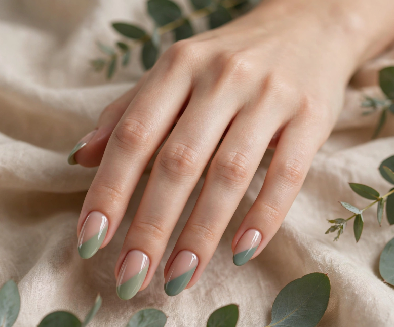 15 Nail Art Designs Using Household Items Diagonal sage green French tip nail art using household items crafted with masking tape on glossy nude oval nails.